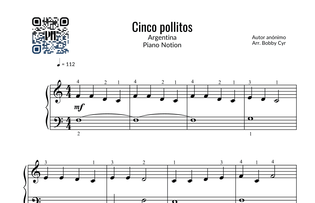 Cinco pollitos - Canciones infantiles (piano fácil) (arr. Bobby Cyr - Piano Notion)