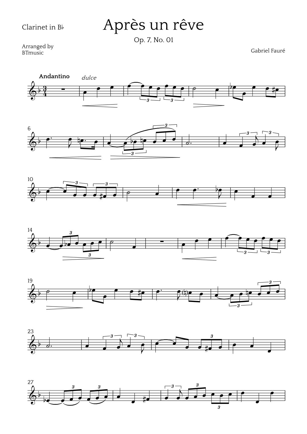Après un Rêve - Clarinet in Bb Solo (arr. BTmusic)