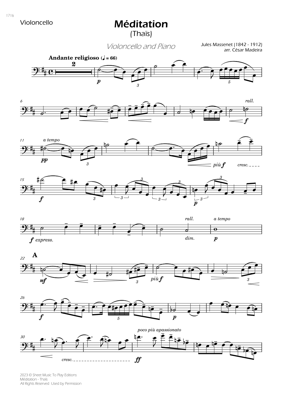 Meditation from Thais - Cello and Piano (Individual Parts) (arr. César Madeira)