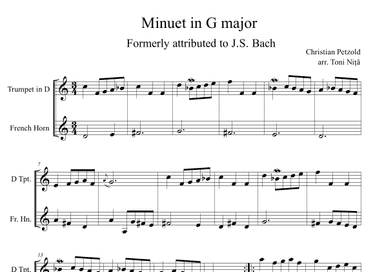 Minuet in G major, BWV Anh.114 (Petzold, Christian) for Trumpet in D & French Horn (arr. Toni Nita)