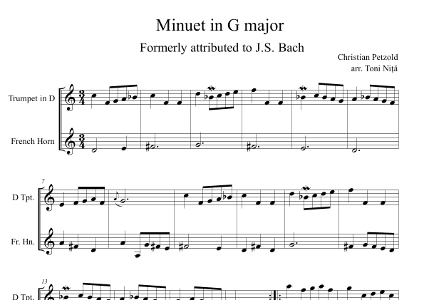 Minuet in G major, BWV Anh.114 (Petzold, Christian) for Trumpet in D & French Horn (arr. Toni Nita)