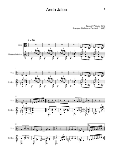 Spanish Popular Song - Anda Jaleo. Arrangement for Viola and Classical Guitar. Score and Parts (arr. Guilherme Facchetti)