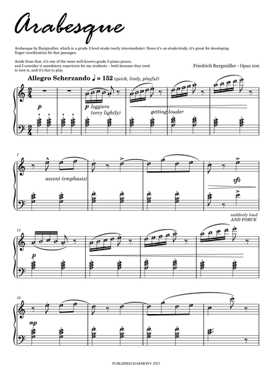 Arabesque in A minor by BURGMULLER (Grade 2) Piano Sheet Music with note names (arr. Published Harmony)