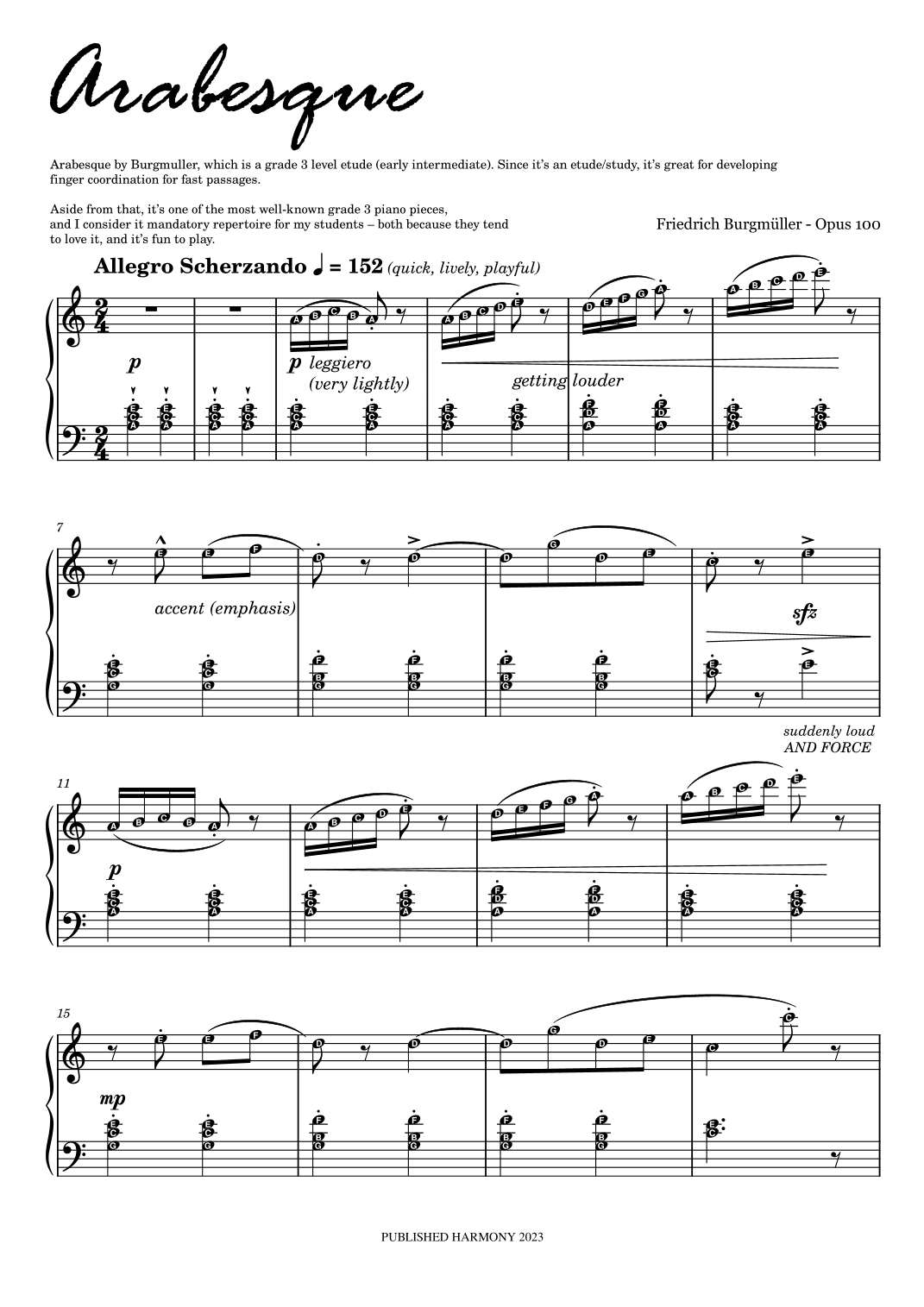 Arabesque in A minor by BURGMULLER (Grade 2) Piano Sheet Music with note names (arr. Published Harmony)