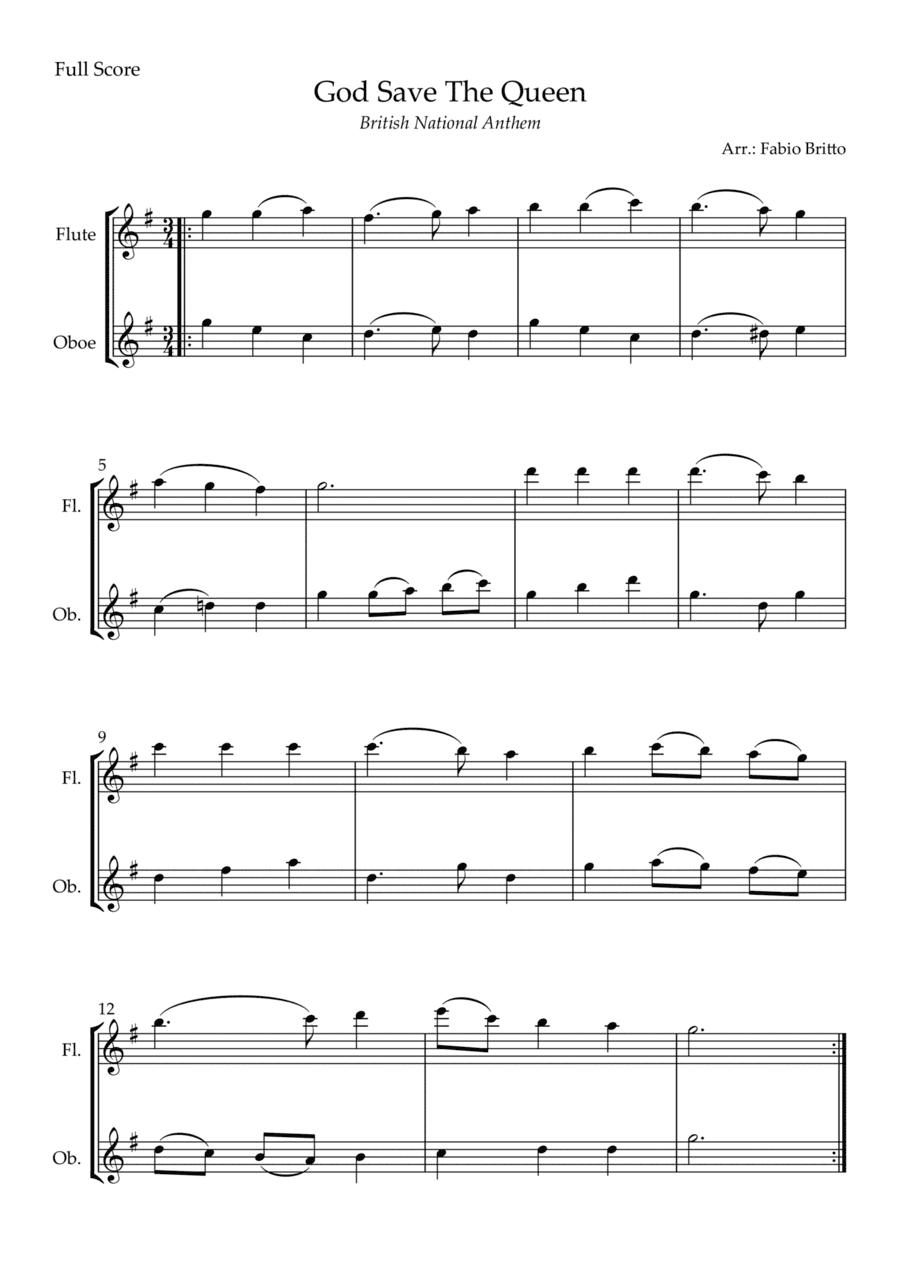 God Save The Queen (British National Anthem) for Flute & Oboe Duo (arr. Fabio Britto)