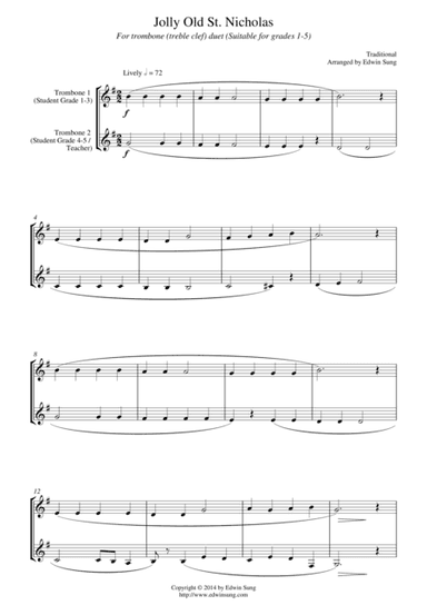 Jolly Old St. Nicholas (for trombone duet (treble clef), suitable for grades 1-5) (arr. Edwin Sung)