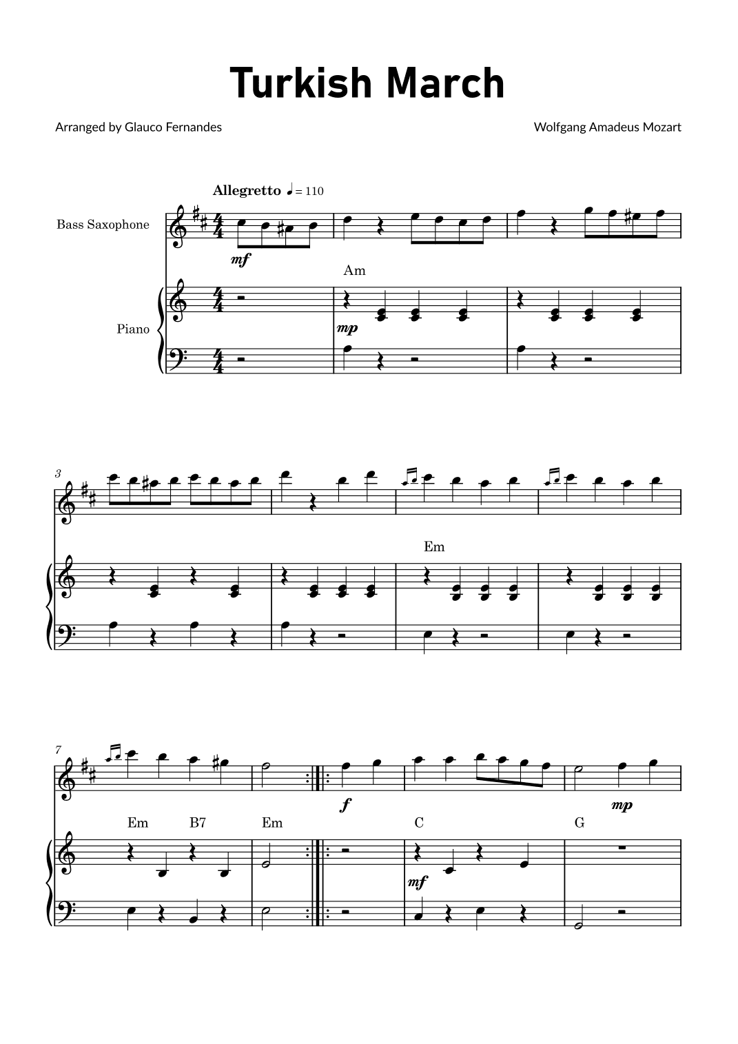 Turkish March by Mozart - Bass Saxophone and Piano with Chord Notations (arr. Glauco Fernandes)