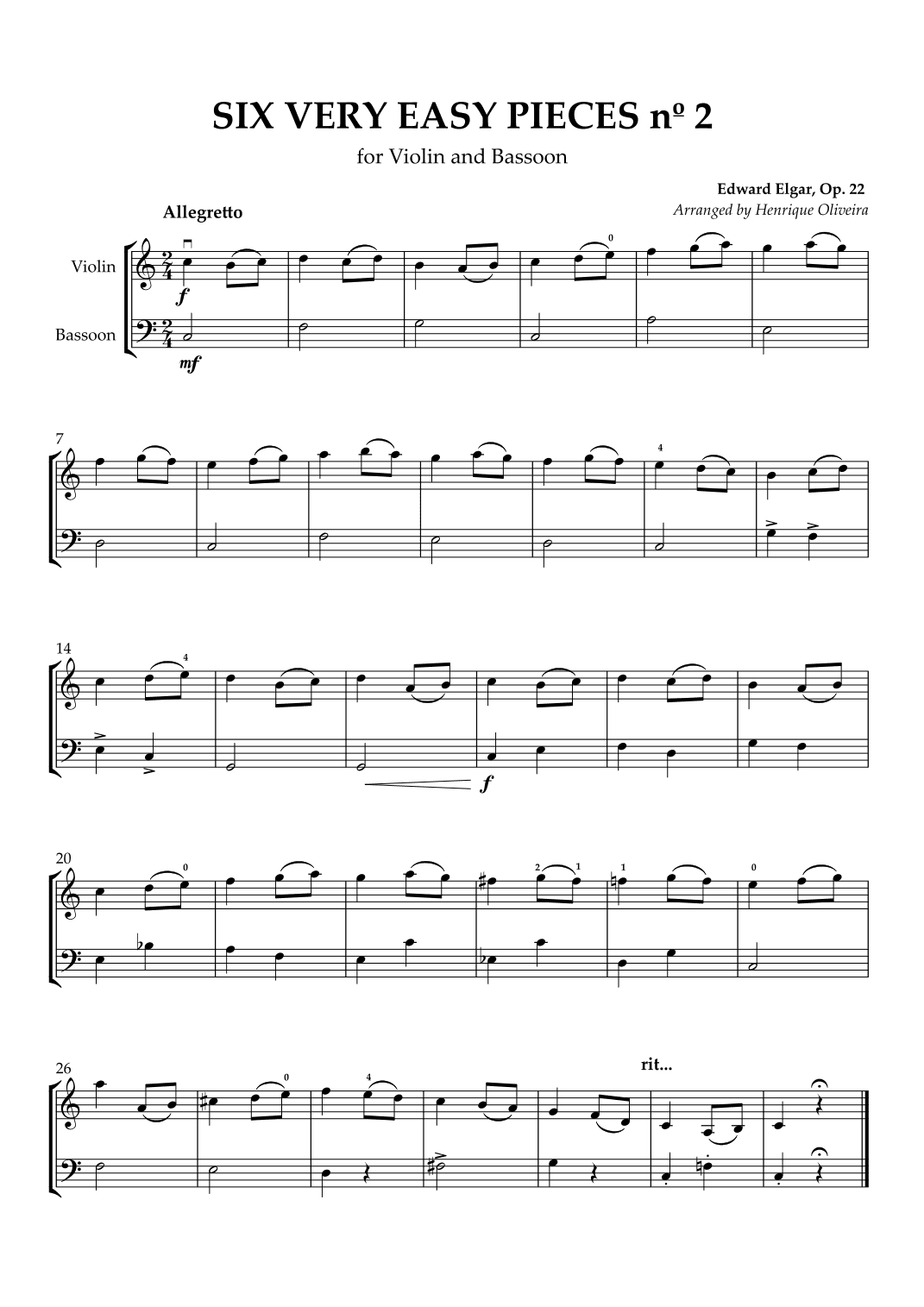 Six Very Easy Pieces nº 2 (Allegretto) - Violin and Bassoon (arr. Henrique Oliveira)