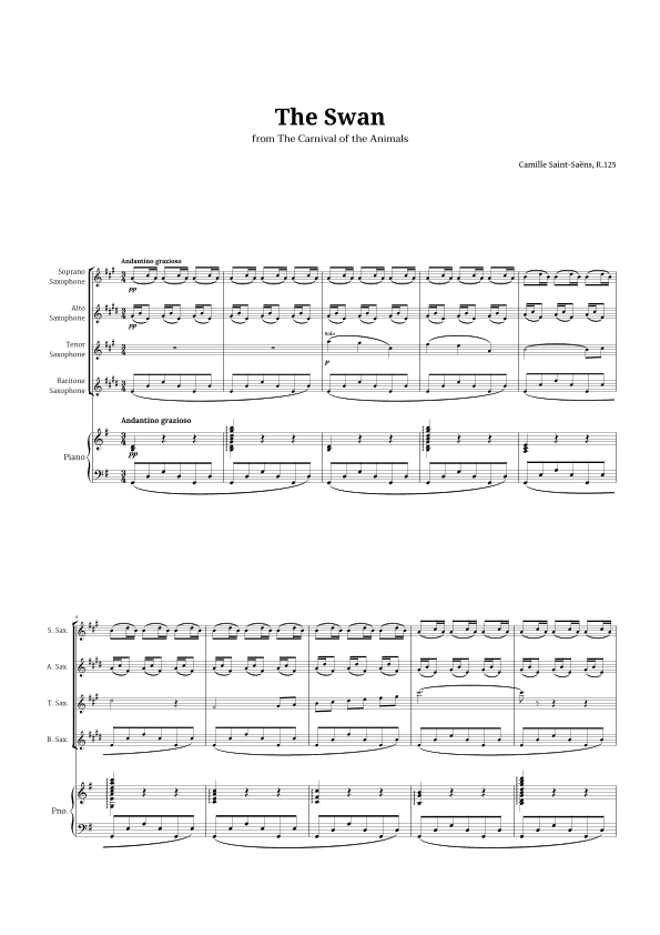 The Swan by Saint-Saëns for Sax Quartet and Piano (arr. Langanho)