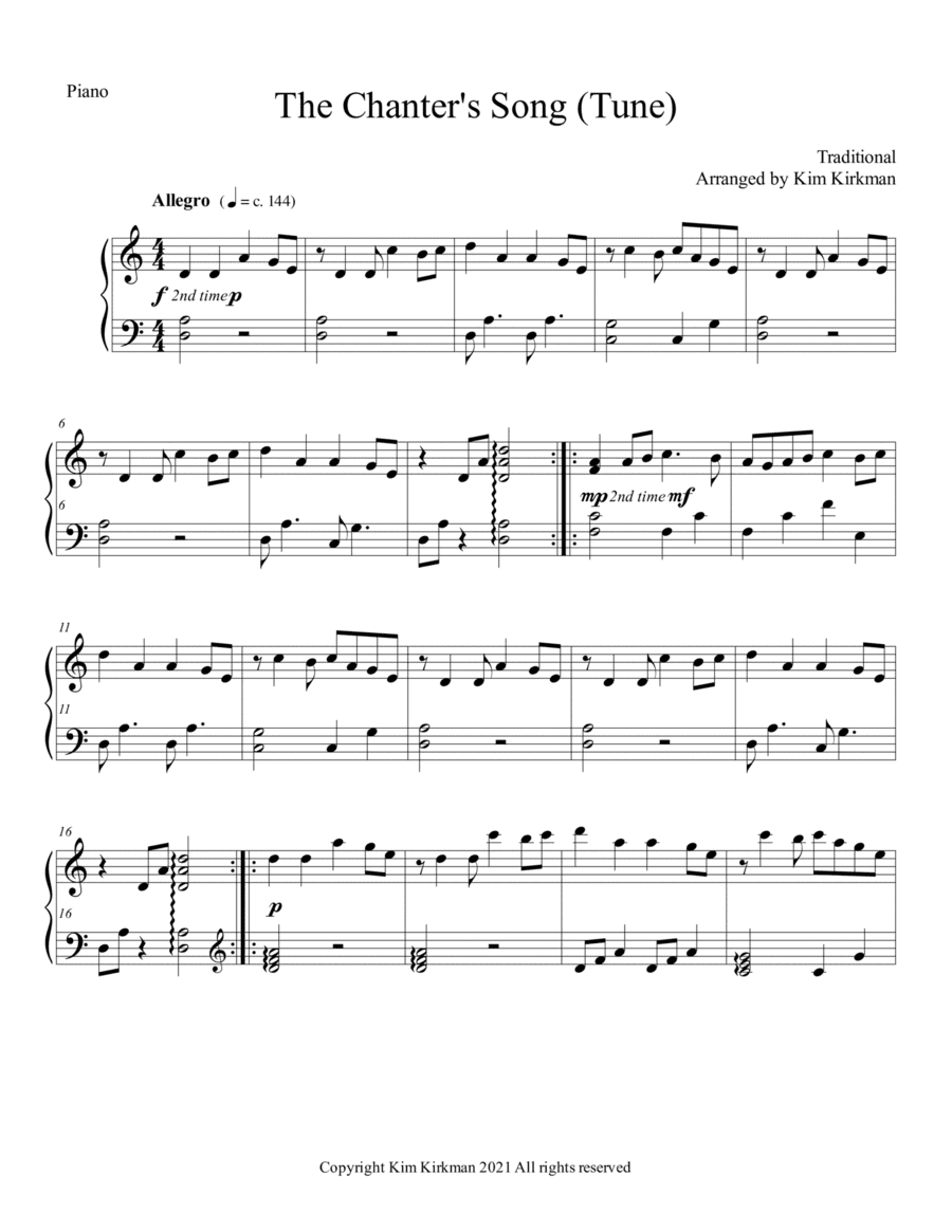 The Chanter's Song (Chanter's Tune) arranged for solo piano - no black keys required (arr. Kim Kirkman)