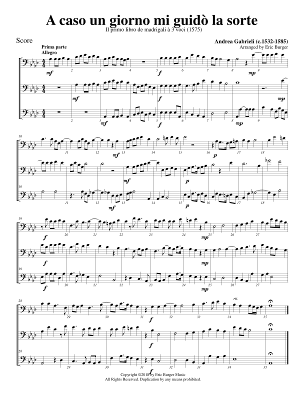 A caso un giorno mi guidò la sorte for Trombone or Low Brass Trio (arr. Eric Burger Music)