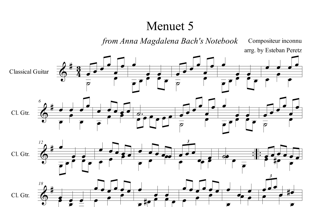 Menuet 5 from Anna Magdalena Bach's Notebook for Classical Guitar (arr. Esteban Peretz)