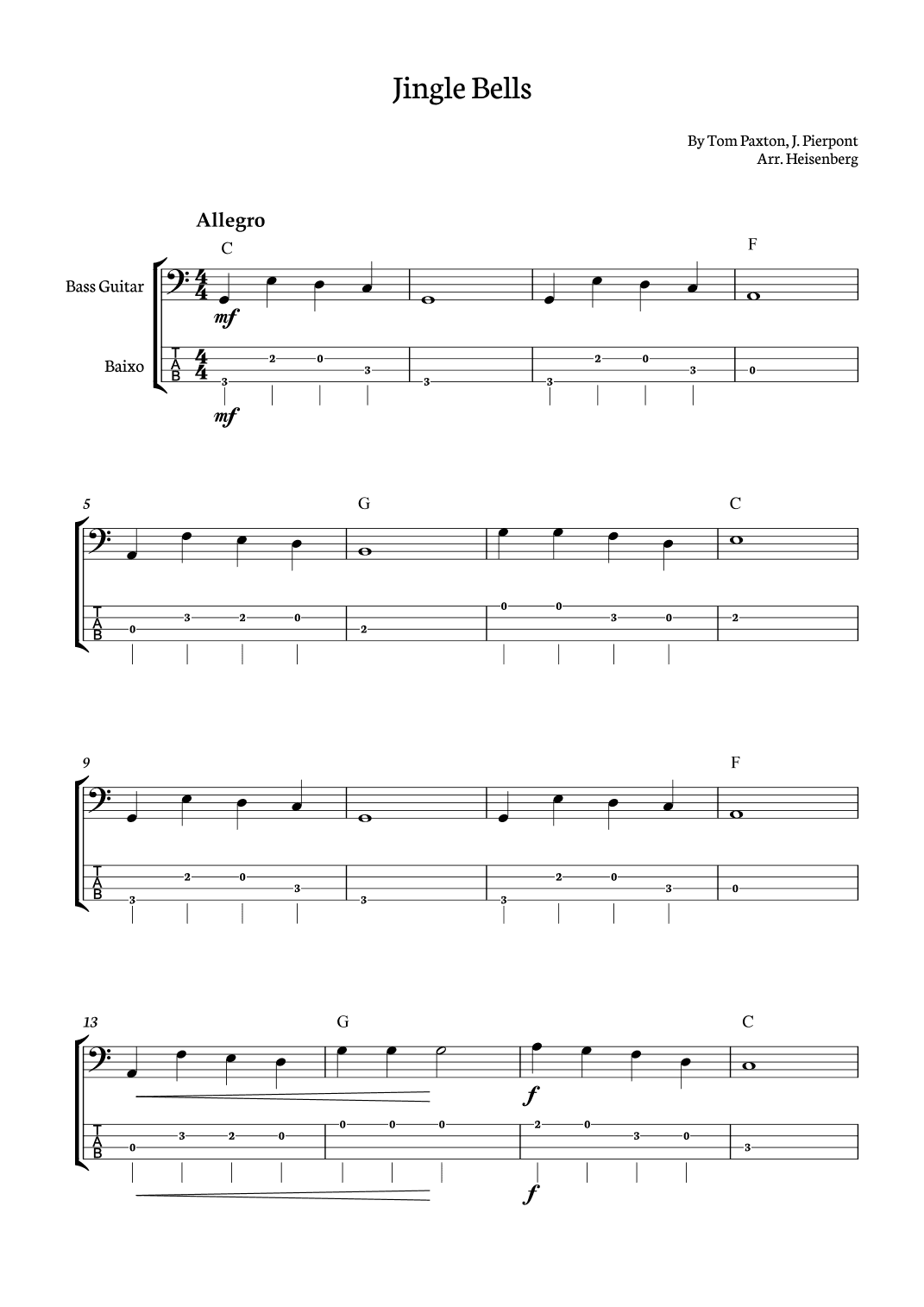 Jingle Bells for Bass with chords (arr. Heisenberg)