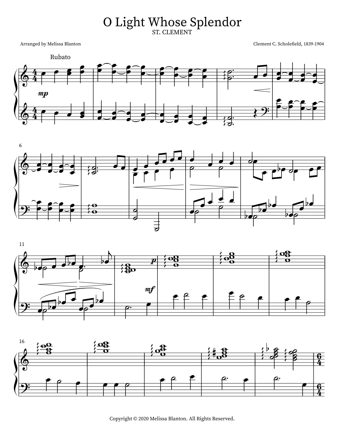 O Light Whose Splendor (ST. CLEMENT) Piano Solo (arr. Melissa Blanton)