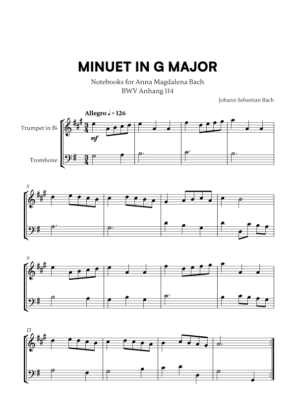Minuet in G Major (BWV Anh. 114) (for Trumpet and Trombone) (arr. Cadenza Editions)