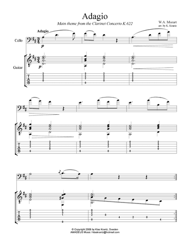 Adagio from the clarinet concerto (theme) for cello and easy guitar (TAB) (arr. K. Krantz)