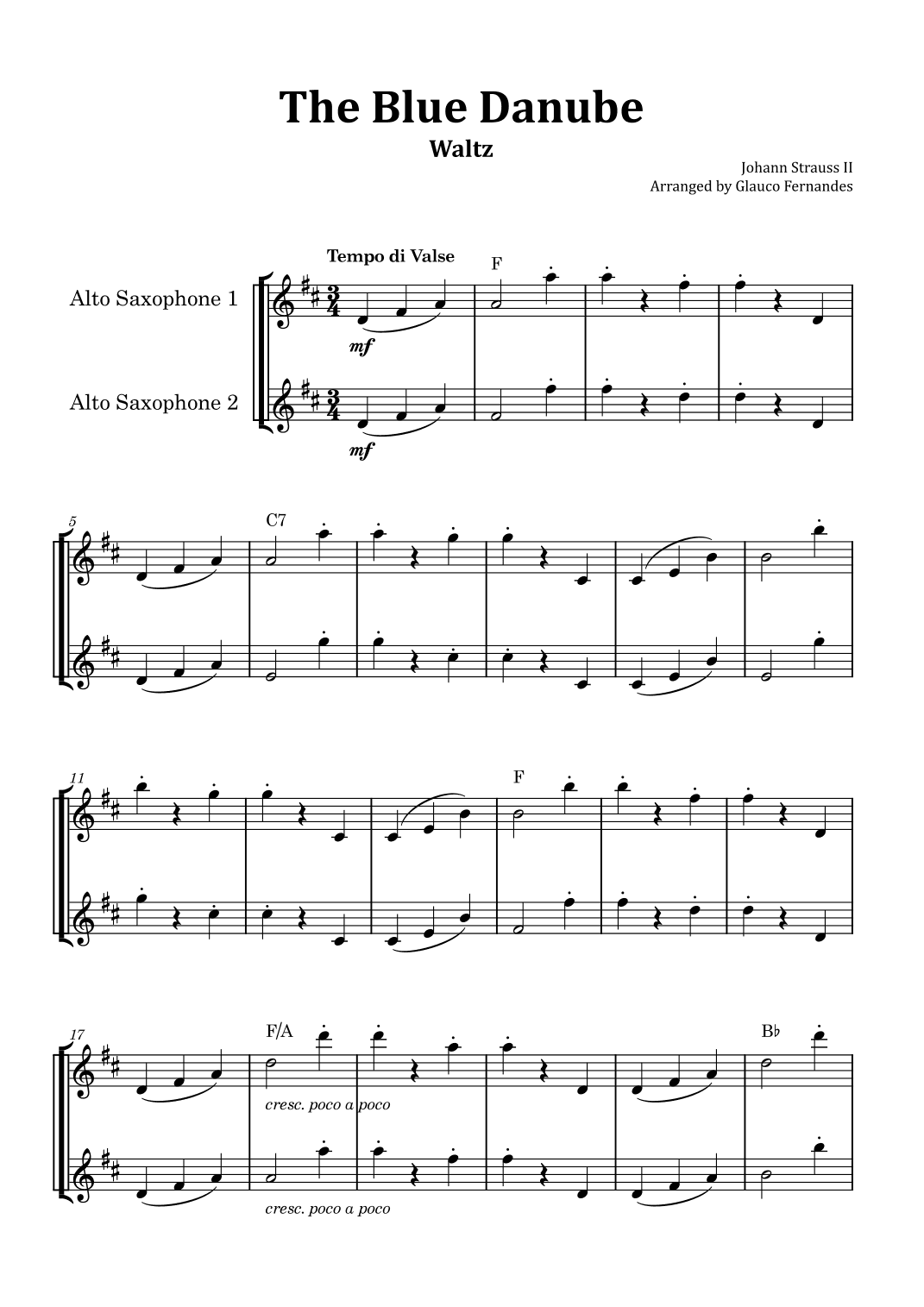 The Blue Danube - Alto Saxophone Duet with Chord Notations (arr. Glauco Fernandes)