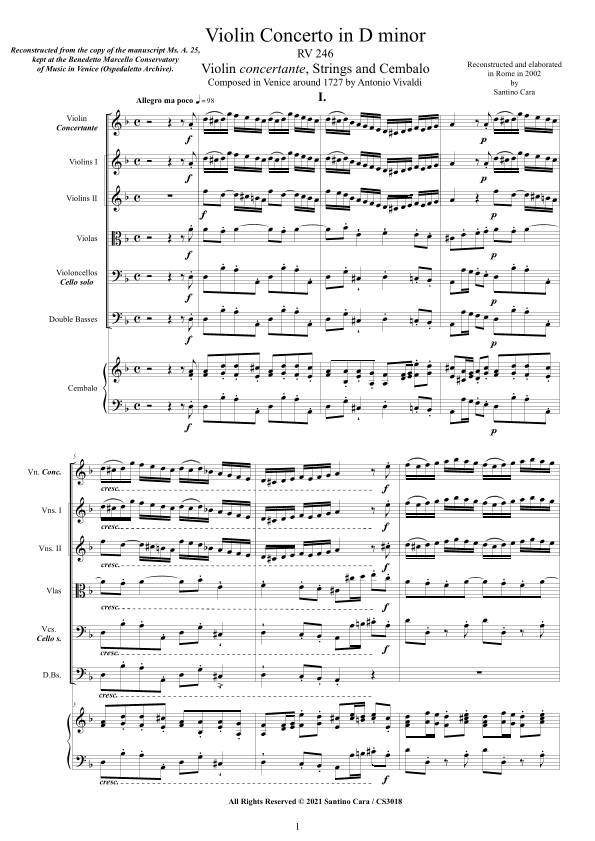 Vivaldi - Violin Concerto in D minor RV 246 for Violin, Strings and Cembalo (arr. Santino Cara)