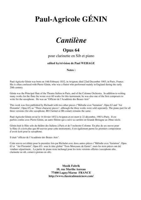 Paul-Agricole Génin: Cantilène, Opus 64 for Bb clarinet and piano (arr. Paul Wehage)