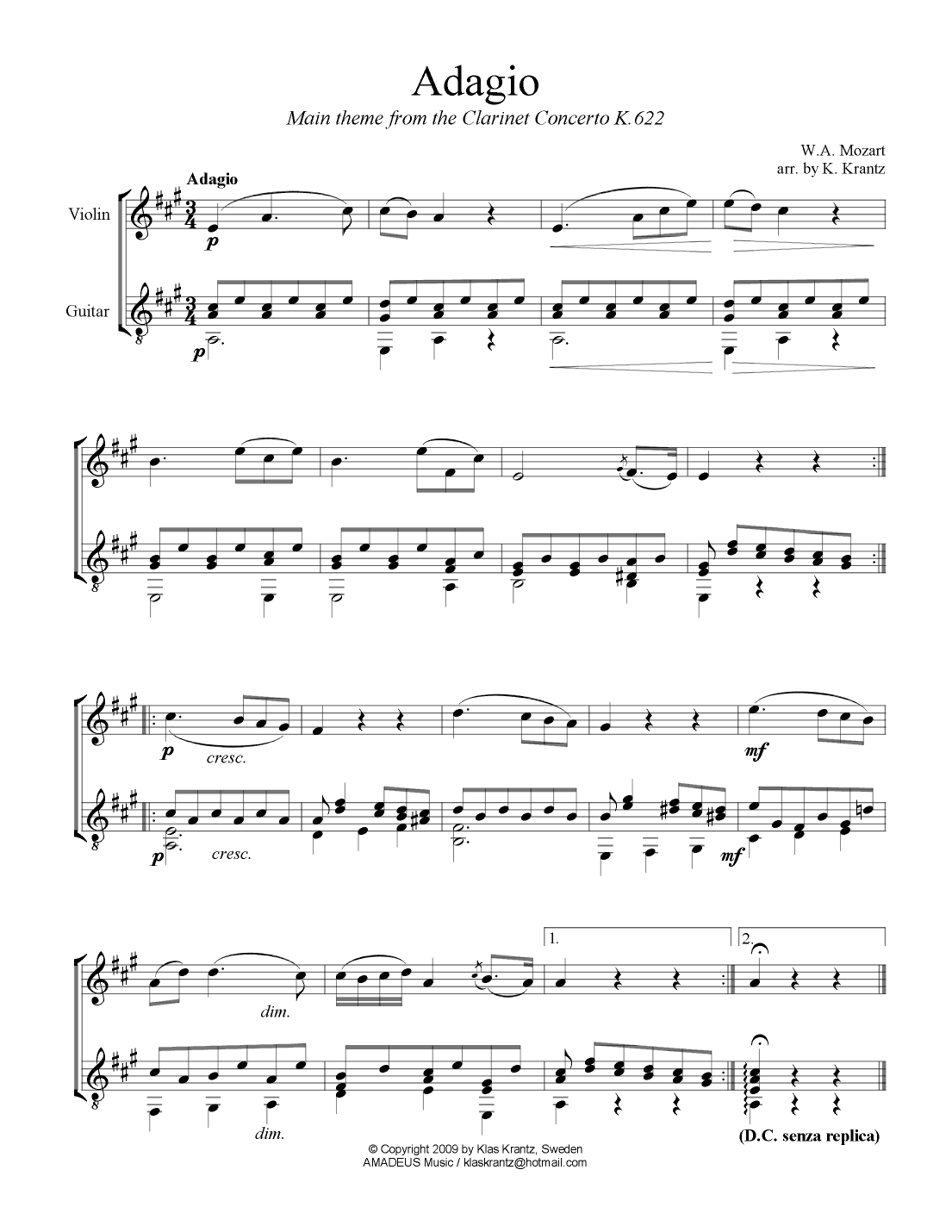 Adagio from the clarinet concerto (theme) for violin and guitar (A Maj) (arr. K. Krantz)