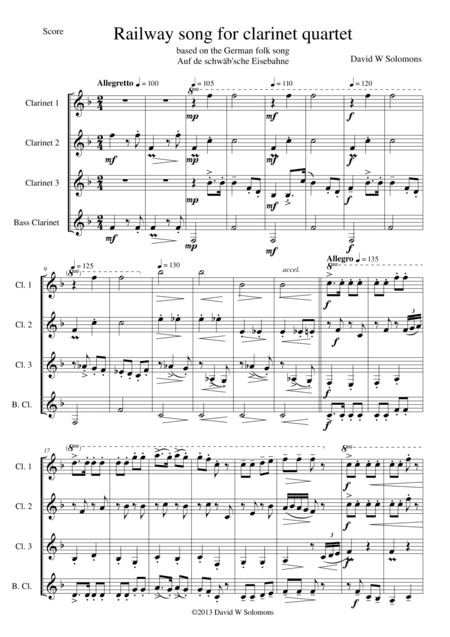Railway Song (Auf de schwäb'sche Eisebahne) for clarinet quartet (arr. David Warin Solomons)