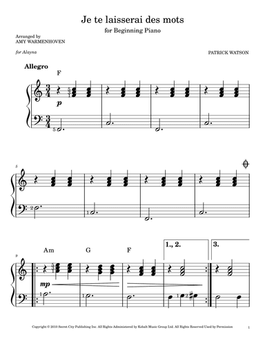 Je Te Laisserai Des Mots (arr. Amy Warmenhoven)