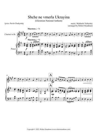 Shche ne vmerla Ukrayina (Ukrainian National Anthem) - Bb CLARINET & PIANO - score & part included (arr. Robert Steadman)