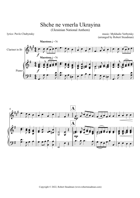 Shche ne vmerla Ukrayina (Ukrainian National Anthem) - Bb CLARINET & PIANO - score & part included (arr. Robert Steadman)