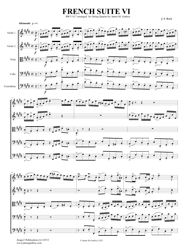 BACH: French Suite No. 6 BWV 817 for String Orchestra (arr. James M. Guthrie)