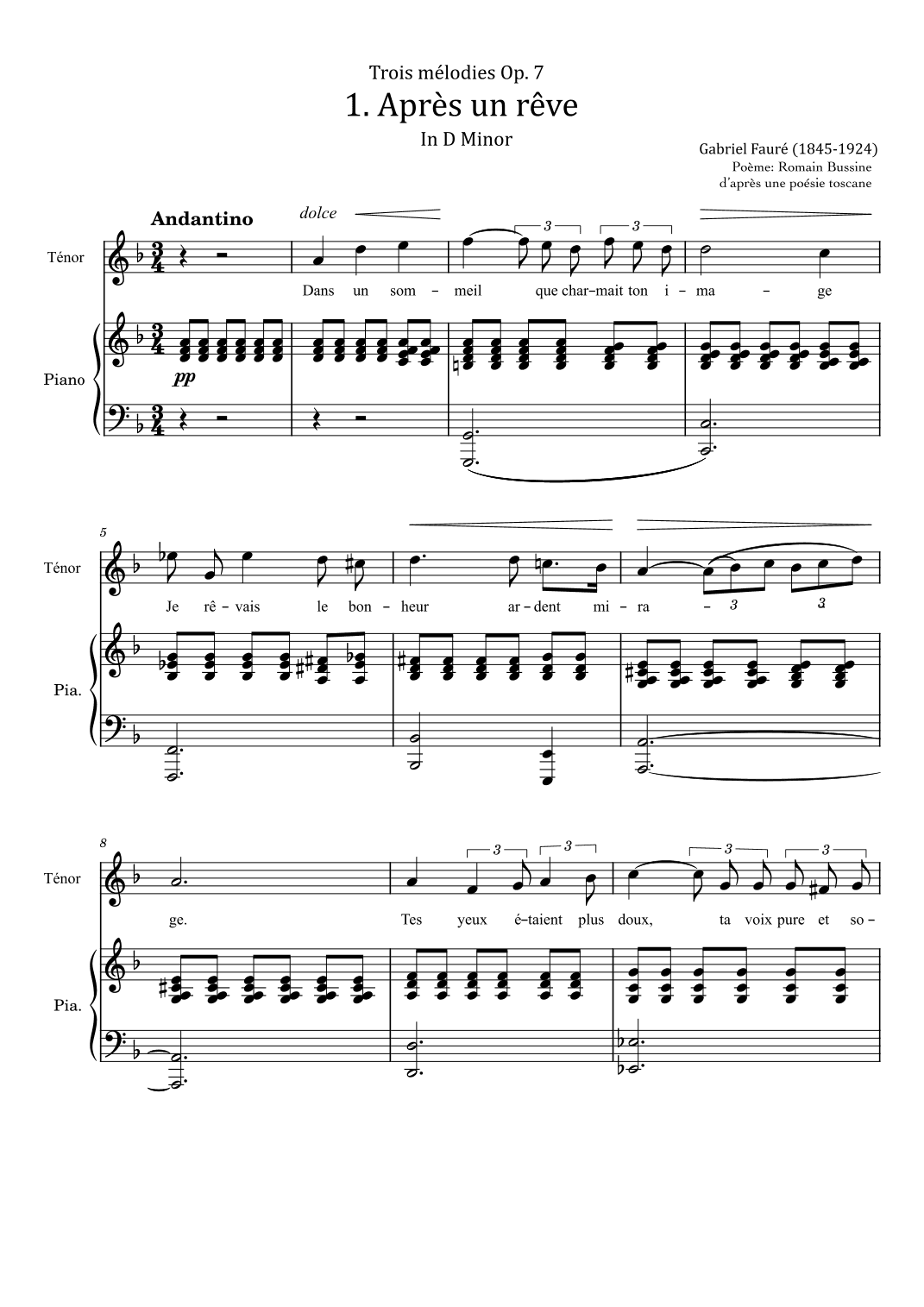 Gabriel Faure - Après un rêve Trois mélodies - In D minor - Op.7, No.1 - Original (arr. poon)