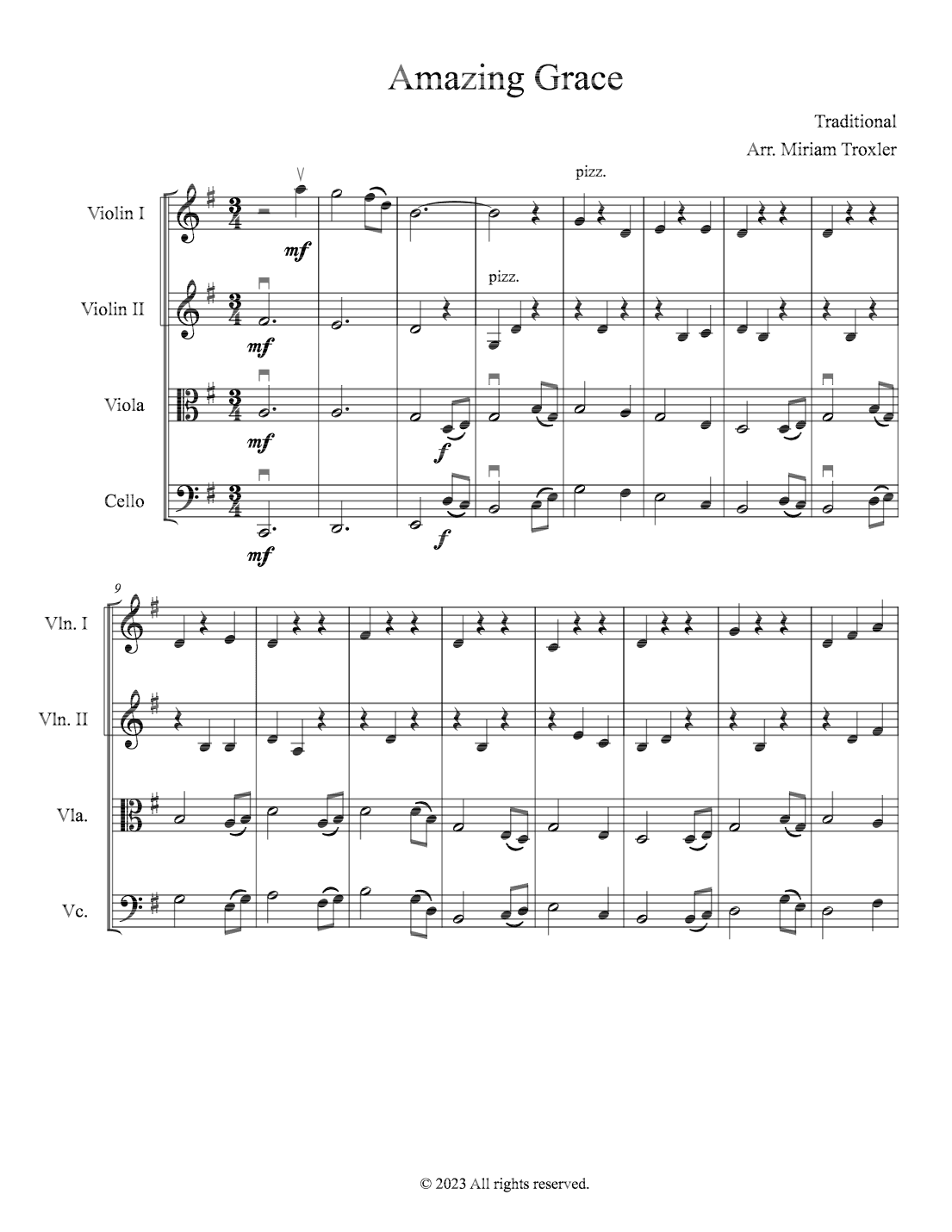 Amazing Grace for String Quartet (arr. Miriam Troxler)