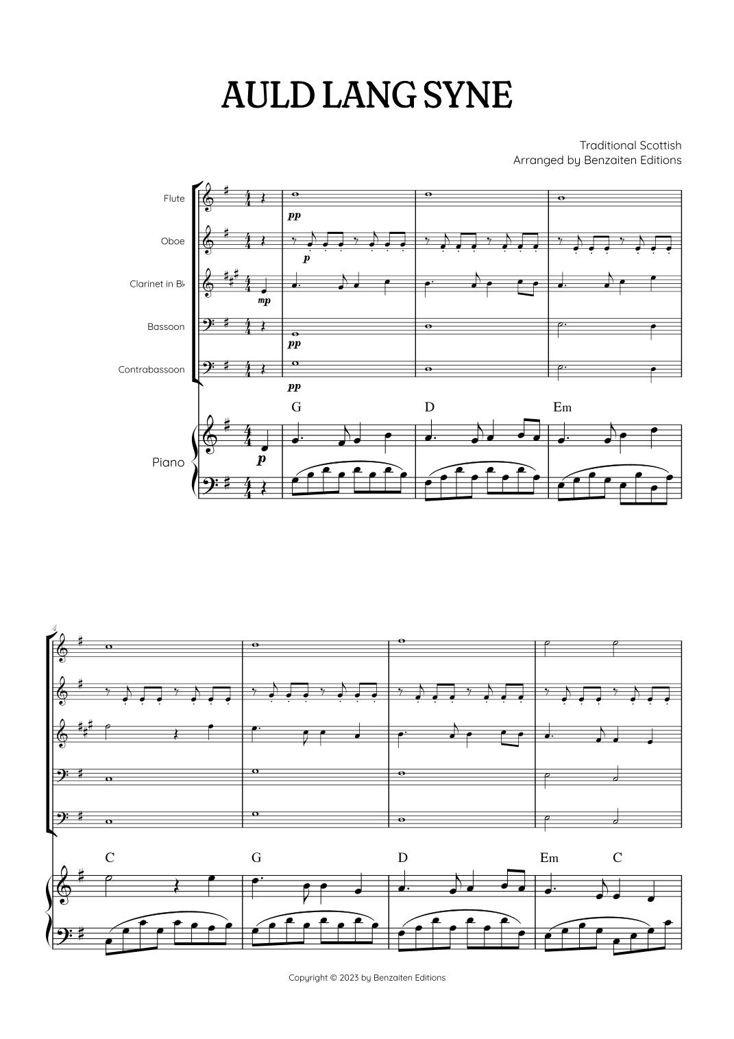 Auld Lang Syne • New Year's Anthem | Woodwind Quintet & Piano Accompaniment sheet music with chords (arr. Benzaiten Editions)