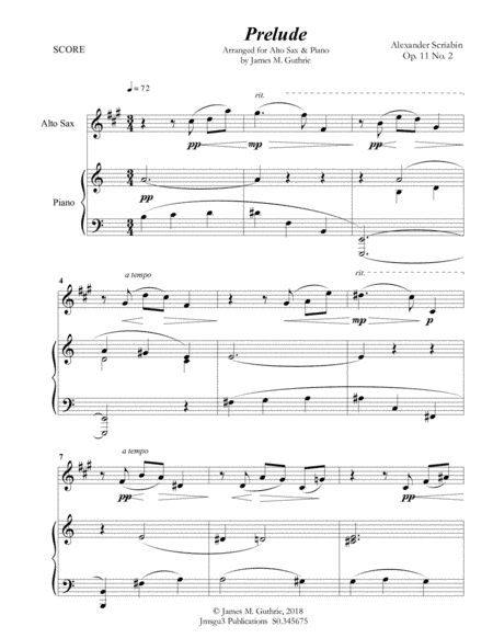 Scriabin: Prelude Op. 11 No. 2 for Alto Sax & Piano (arr. James M. Guthrie, ASCAP)