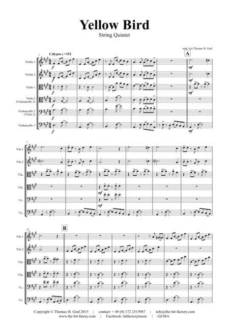 Yellow Bird - Haitian Folk Song - Calypso - String Quintet (arr. Thomas H. Graf)