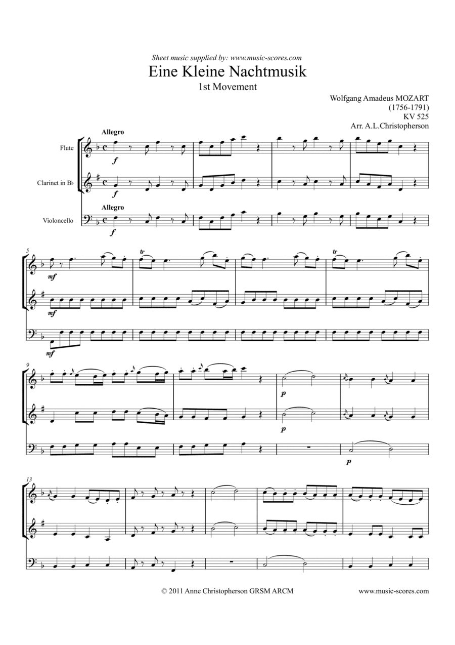 Eine Kleine Nachtmusik - Allegro 1st movement - Flute, Clarinet and Cello (arr. Anne L Christopherson GRSM ARCM)