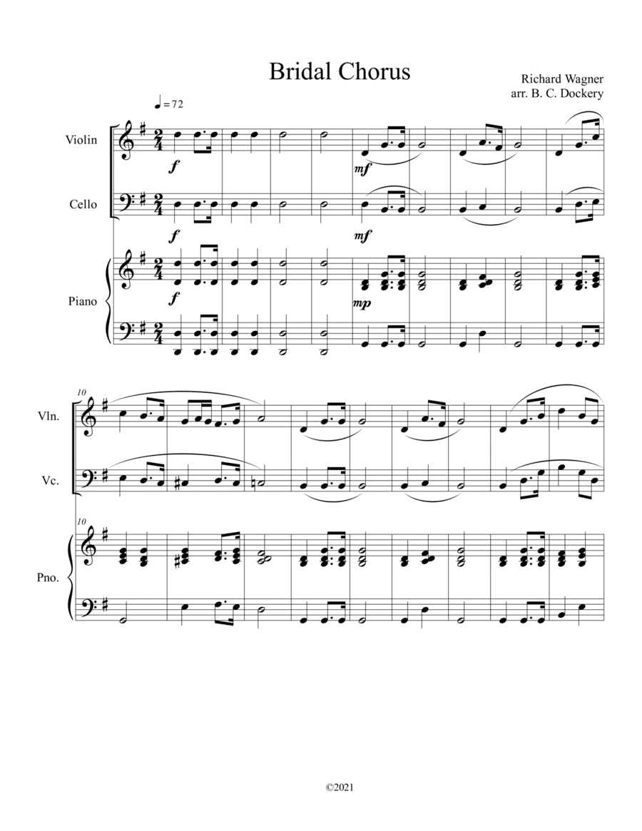Bridal Chorus (Here Comes the Bride) for Violin and Cello Duet with Piano Accompaniment (arr. B. C. Dockery)