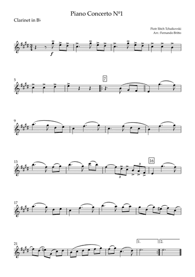 Piano Concerto Nº 1 - 1st Mov. Theme (P. Tchaikovsky) for Clarinet in Bb Solo (D Major) (arr. Fernando Britto)