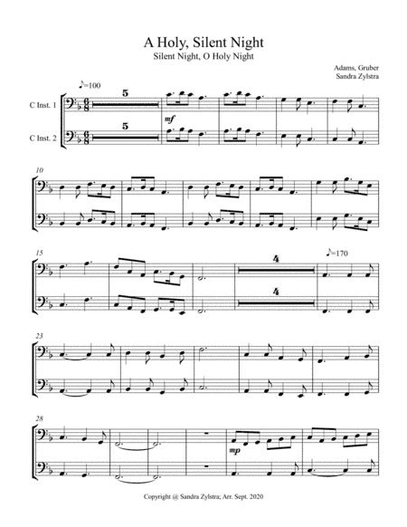 A Holy, Silent Night  (bass C instrument duet, parts only) (arr. Sandra Zylstra)