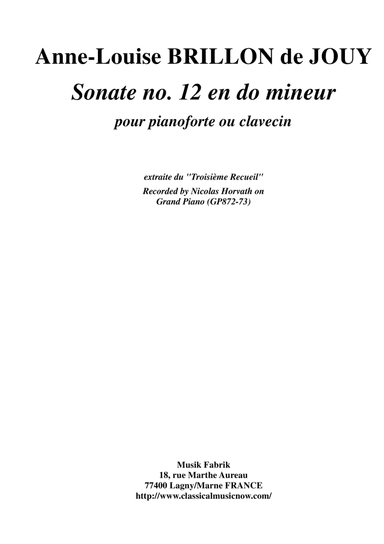 Anne-Louise Brillon de Jouy: Sonata no. 12 in c minor for piano or harpsichord (arr. Musik Fabrik Music Publishing)