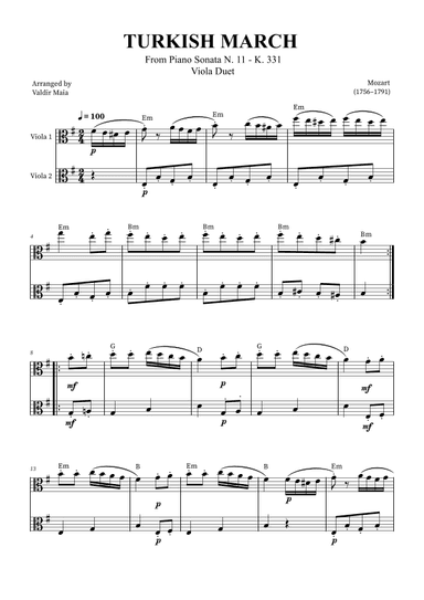 Turkish March - Viola Duet (with chords) (arr. Valdir Maia)