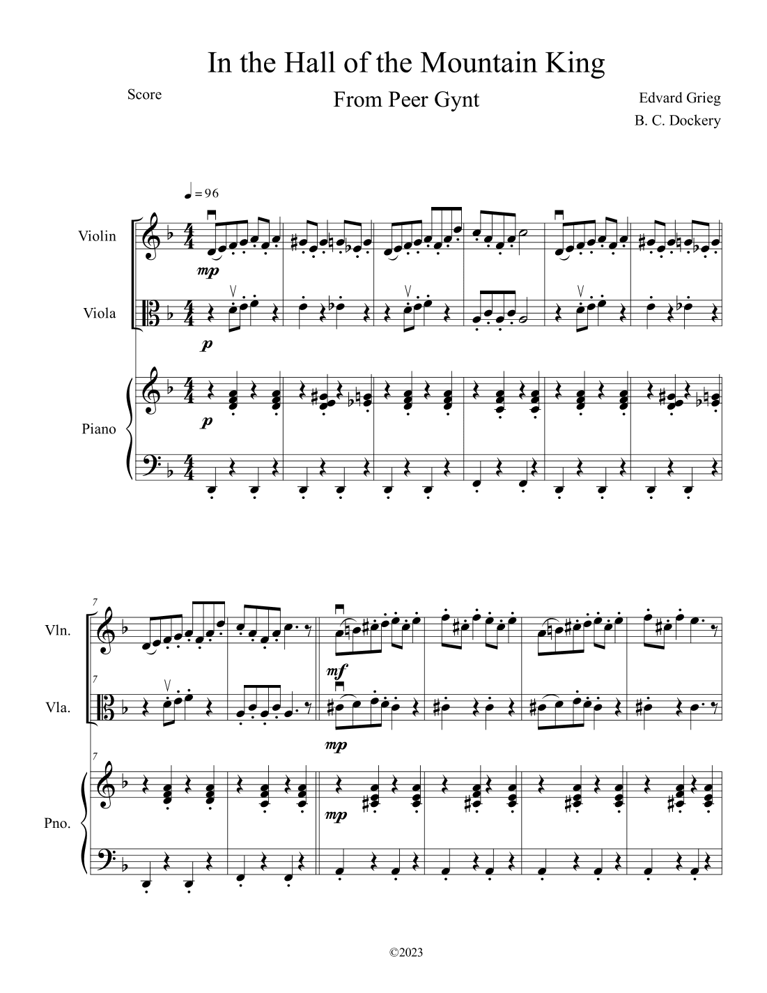 In the Hall of the Mountain King (Violin and Viola Duet with Piano Accompaniment) (arr. B. C. Dockery)