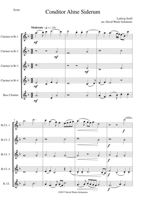 Conditor Alme Siderum (Creator of the stars of night) for clarinet quintet (4 x B fl, 1 Bass) (arr. David Warin Solomons)