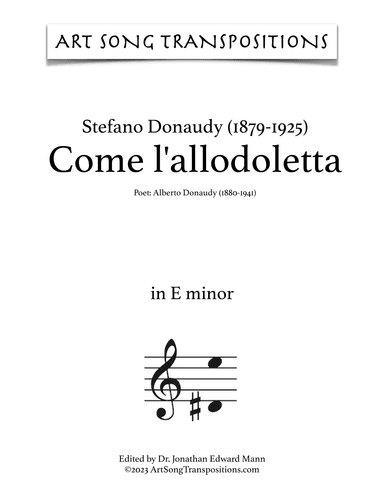 DONAUDY: Come l'allodoletta (transposed to E minor) (arr. ArtSongTranspositions.com)