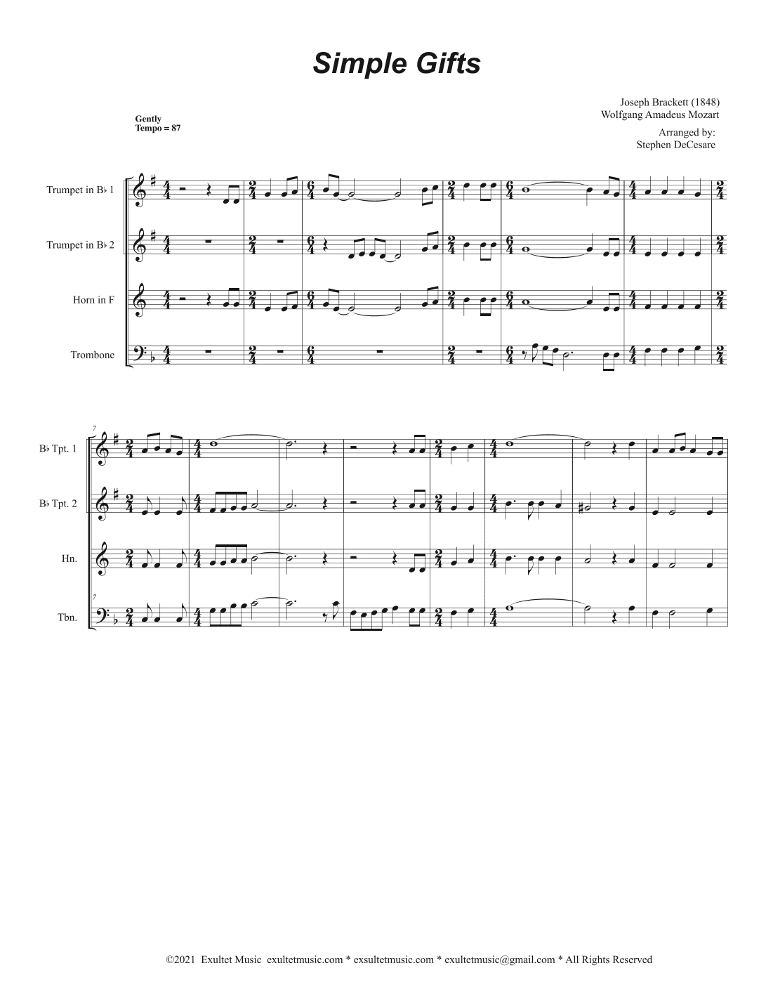 Simple Gifts (Brass Quartet and Piano) (arr. Stephen DeCesare)