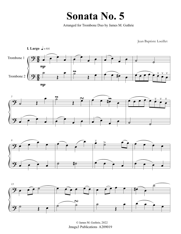 Loeillet: Sonata No. 5 for Trombone Duo (arr. James M. Guthrie)