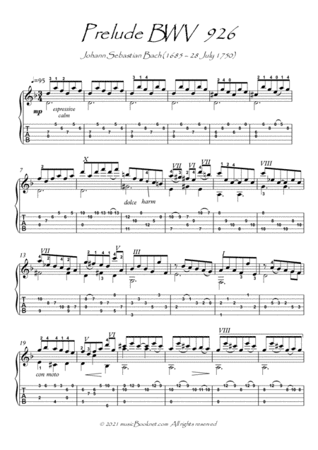 Bach for Guitar Prelude BWV 926 guitar solo (arr. PianoSheetNow)