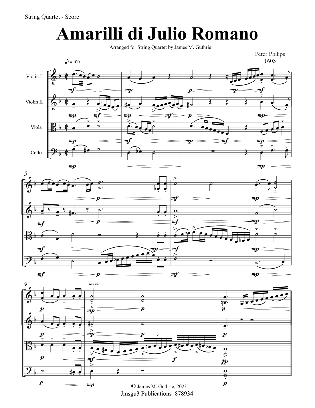 Philips: Amarilli di Julio Romano for String Quartet (arr. James M. Guthrie)