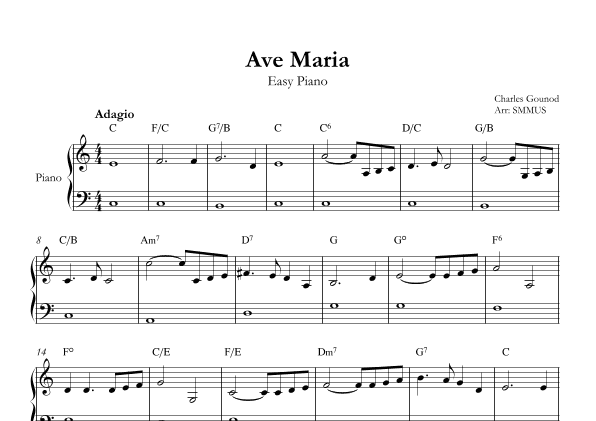 Ave Maria (Bach-Gounod) in C Major for Easy Piano With Chords (arr. SMMUS)
