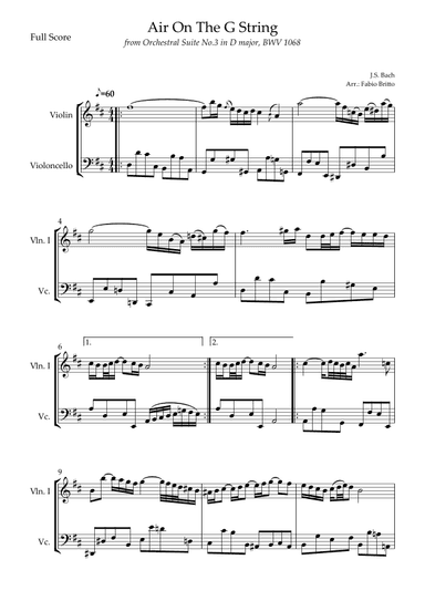 Air On The G String (J.S. Bach) for Violin & Cello Duo (arr. Fabio Britto)