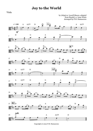 Joy to the World - Viola Solo and Piano Accompaniment with Chords (arr. P.H. Damasceno)